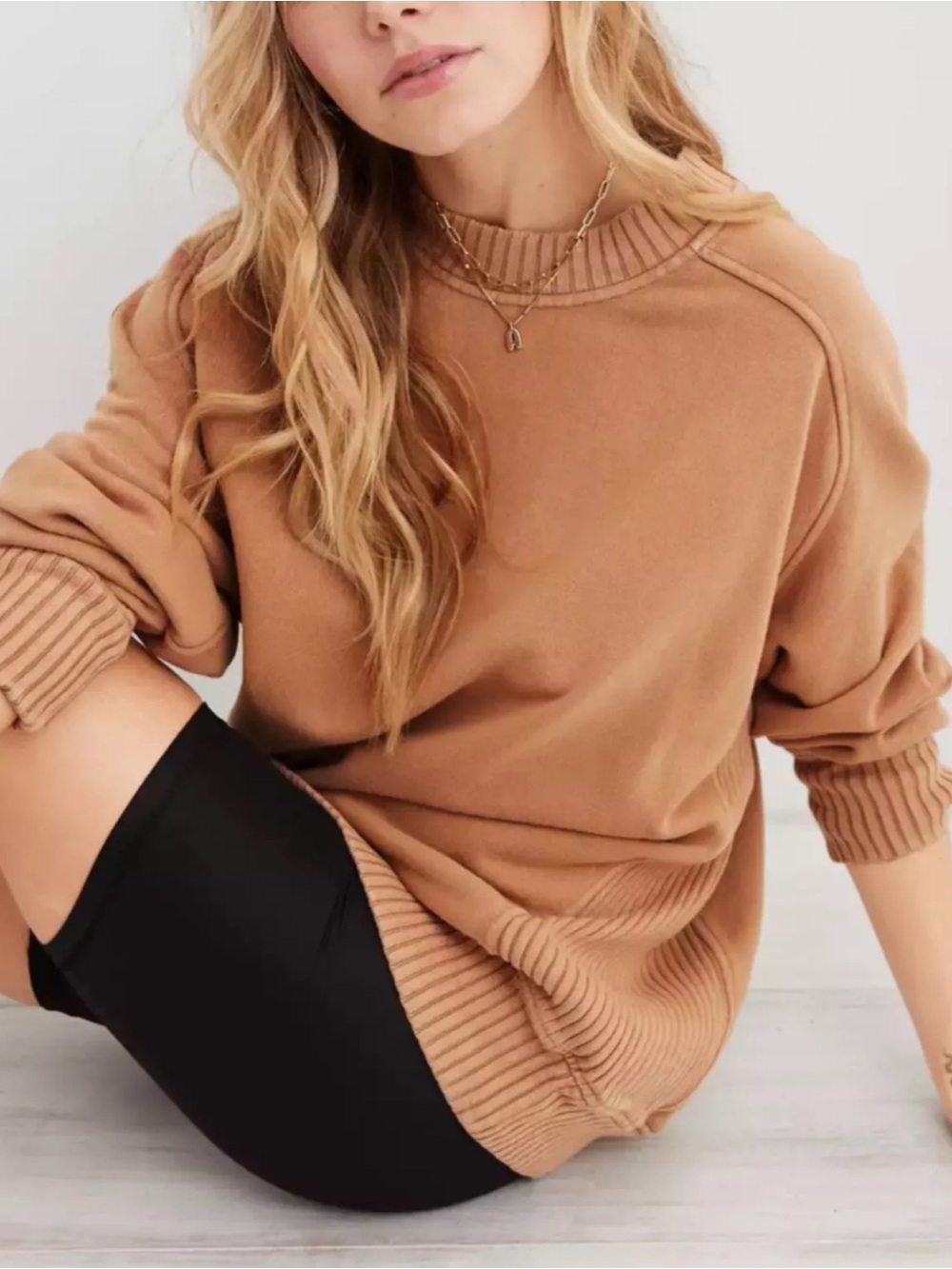 aerie Relaxed Crewneck Sweater in Camel Tan